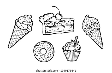 set of sweet desserts vector illustration outline hand drawn. Sketch Cake, pastry and ice cream