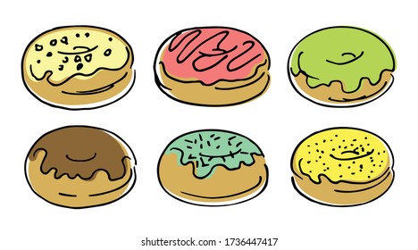 Set of sweet different donuts, colorful hand-drawn sketch on white background