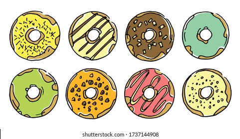 Set of sweet different donuts, colorful hand-drawn sketch on white background