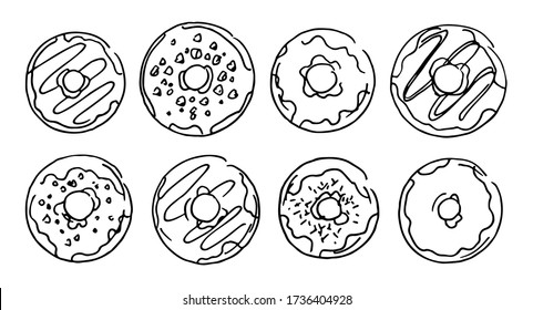 Set of sweet different donuts, hand-drawn sketch black ink on white background