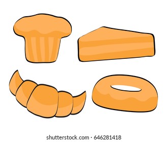 Set of sweet donut, croissant, cupcake, cake,  cartoon style vector illustration isolated on white background.