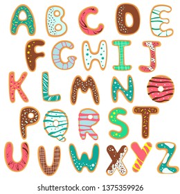Set of sweet donut letters. Children's Alphabet in bakery doughnuts style. Greeting party font. English alphabet vector.