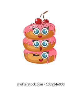 Set of sweet donuts with eyes. Vector pink glazed donuts with cherry and powder isolated on white. Cartoon Food Character Emoji. Object for holidays, menu, backgrounds