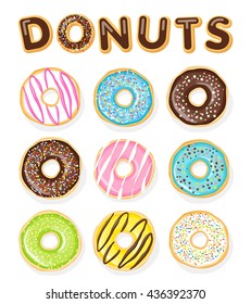 Set of sweet donuts on the white background. Vector food illustration.
