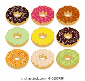 Set of sweet donuts on the white background. Vector food illustration