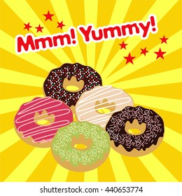 Set of sweet donuts on the white background. Vector food illustration