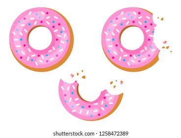 Set of sweet donuts with pink glaze, bitten donut. View from above. Vector illustration