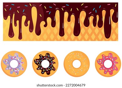 A set of sweet donuts and soft ice cream. Vector set of assorted desserts, gastronomically delicious pastries. For cafe design.