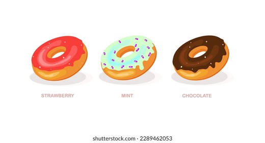 Set of sweet donuts vector isolated. Three bright donuts, a set of donuts strawberry, mint, chocolate topper.