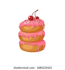 Set of sweet donuts. Vector pink glazed donuts with cherry and powder isolated on white. Desert for menu, advertising and banners. Food design