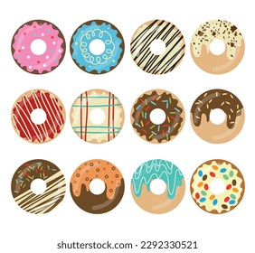 Set of sweet donuts.Top view. Confectionery dessert. Chocolate confectionery isolated on white background. Flat vector illustration.