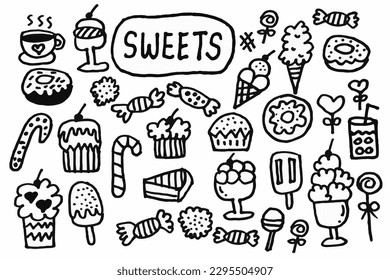 Dibujo a mano de golosinas dulces, dulce, helado, donut, pastel, panadería
