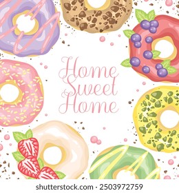 Set süß doughnut brot rahmen hintergrund gebäck süß dessert snack café-essen in bunten creme eis topping