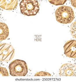 Set of sweet doughnut bread frame background pastry sweet dessert snack cafe food in colorful cream icing topping