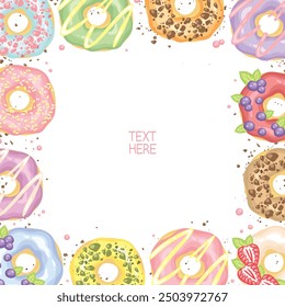 Set of sweet doughnut bread frame background pastry sweet dessert snack cafe food in colorful cream icing topping