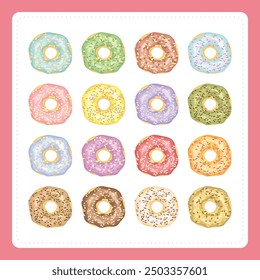 Set of sweet doughnut bread pastry sweet dessert snack cafe food in colorful cream icing topping