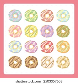 Set of sweet doughnut bread pastry sweet dessert snack cafe food in colorful cream icing topping