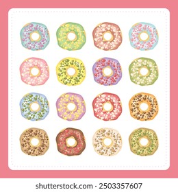 Set of sweet doughnut bread pastry sweet dessert snack cafe food in colorful cream icing topping