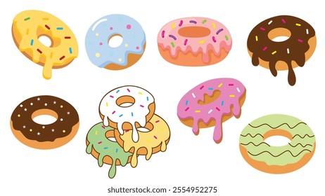 Set sweet doughnuts. Cartoon donuts with different toppings, doughnut pastry dessert food set. Top view delicious sweet desserts donut with glaze and sprinkles. Donuts glazed dessert collection.