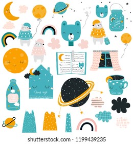 Set of sweet dreams elements. Cute kids clip art. Vector hand drawn illustration.