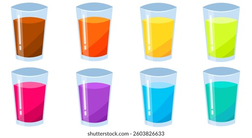 Set of sweet drinks isolated on white background. Various type of drinks inside transparent glass. Beverages set for summer and restaurant elements. Vector illustrations in eps format.