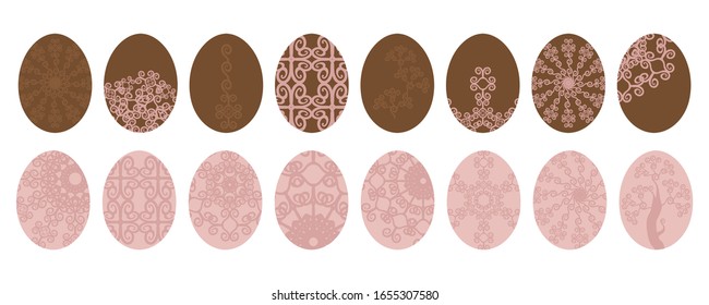 Set of sweet easter pastel pink and brown chocolate color eggs with pattern isolated objects on white background.