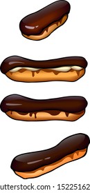 set of sweet eclairs with chocolate icing and cream, for pastry menu decoration, color vector stock illustration isolated on white background in clip art style