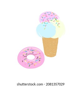 Set sweet fast food illustration ice cream and donut isolated on white background