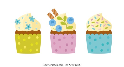 A set of sweet festive bright cupcakes, for birthday, Easter, children's party. Pastries, chocolate, fruits, berry dessert. Vector hand-drawn flat cartoon illustration.