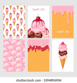 Set of sweet food cards. Vanilla, chocolate, pink  ice cream with strawberry and cherry topping. Seamless pattern waffles, ice cream cone, strawberry ice cream scoops