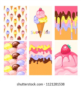 Set of sweet food cards. Vanilla, chocolate and fruit ice cream with different topping. pattern waffles, ice cream cone, ice cream scoops