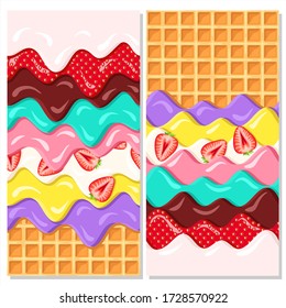 Set of sweet food cards. Vanilla, chocolate, strawberry, mint, lemon and fruit ice cream glaze on waffle. horizontal seamless pattern, vertical card, wallpaper. Decorative print. 