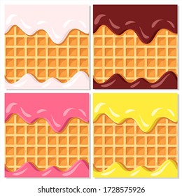 Set of sweet food cards. Vanilla, chocolate, lemon and fruit ice cream glaze on waffle. Seamless pattern.Texture for fabric, wrapping, wallpaper. Decorative print. 