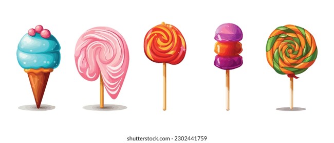 Set of sweet food in cartoon style, icons on white background. Ice cream, lollipops. Vector illustration