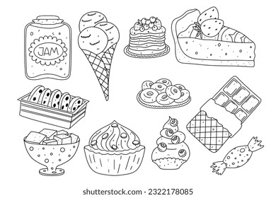 Set of sweet food in hand drawn doodle style. Vector illustration isolated on white.