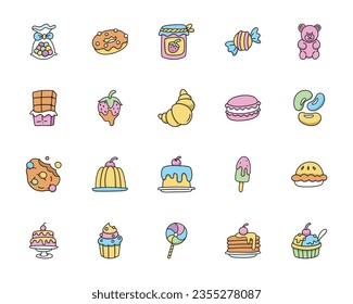 set of sweet food icon with hand drawn cartoon style, isolated on white background