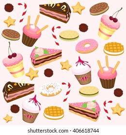 Set of sweet food icons. Cake,  donut, wafer, muffins, biscuit, lollipop, cake.