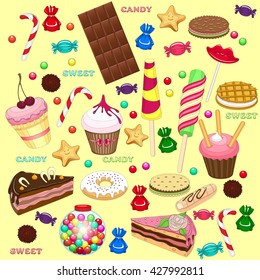 Set of sweet food icons. Cake, ice cream, chocolate, donut, candy, wafer, biscuit, cake, chewing gum.