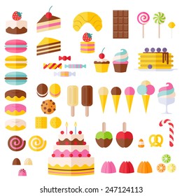 Set of sweet food icons. Candy, sweets, lollipop, cake, donut, macaroon, ice cream, jelly.