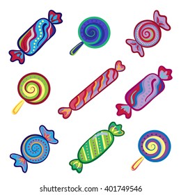 Set of sweet food icons. Candy, sweets, lollipop, jelly.