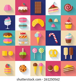 Set of sweet food icons flat style with shadow. Candy, sweets, lollipop, cake, donut, macaroon, ice cream, jelly.