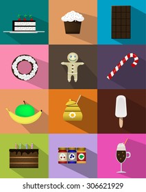 Set of sweet food icons flat style with shadow. cake, cupcake, chocolate, donuts, cookies, candy, fruit, honey, ice cream, chocolate cake, jam, smoothies