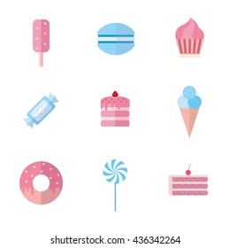 Set of sweet food icons flat style. Candy, sweets, lollipop, cake, donut, macaroon, ice cream, jelly.