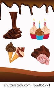 Set of sweet food icons on white background for design, banners. Chocolate flow,drop. Vector illustration of melting chocolate.  Chocolate bars and pieces. Cakes in a cup. Colorful tasty ice cream. 