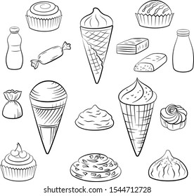 Set of Sweet Food Pictograms, Ice Cream in Waffle Cups, Cake, Pastries, Juice and Milk. Black Contours Isolated on White Background. Vector