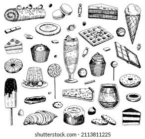 Set of sweet food sketches. Collection of varied delicious desserts. Hand drawn vector illustration in retro style. Outline cliparts isolated on white background.