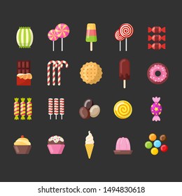 Set of sweet food vector flat style illustrations. Candy, sweets, lollipop, cake, donut, macaroon, ice cream, jelly.