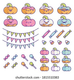 Set of sweet frosted birthday party pumpkins element designs isolated on white background