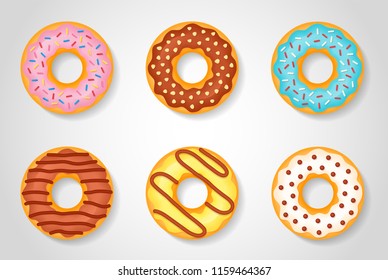 Set of sweet glazed donuts isolated on white background. Vector illustration.