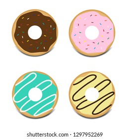 Set of sweet glazed donuts with topping vector icon